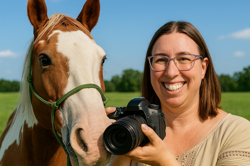 KI-generiertes Bild von Frau mit Kamera und geschecktem Pferd