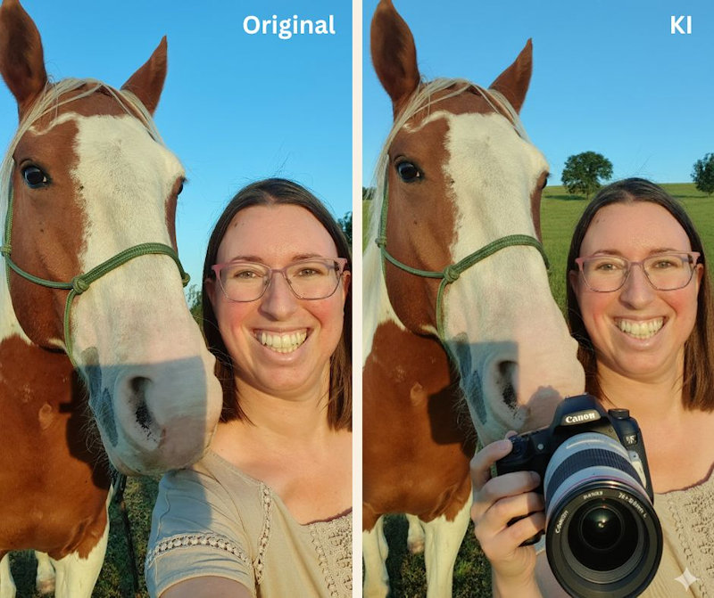 2 Fotos von Jessica Freymark und ihrem Pflegepferd Jack. Einmal das Original-Selfie und einmal mit dem KI-Generierten Hintergrund einer Wiese und einer Spiegelreflexkamera in der Hand.