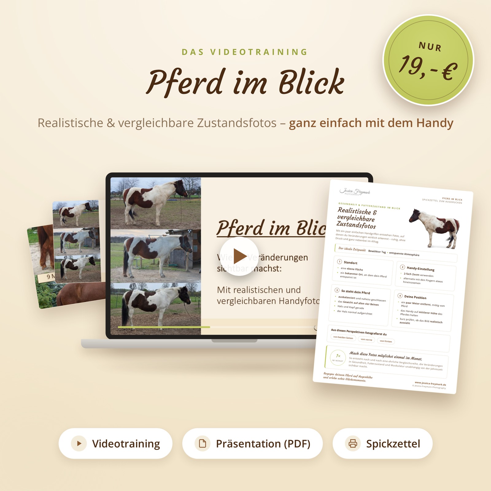Mockup das zeigt was in dem Videotraining enthalten ist: ein Video, die Präsentation als PDF und ein Spickzettel zum Ausdrucken. Und das alles für nur 19 Euro.